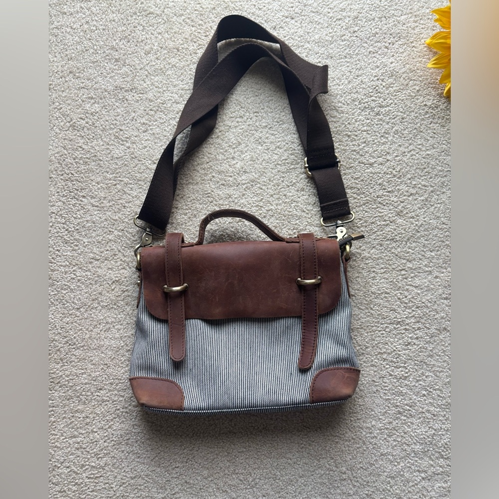 Anthropologie Jesslyn Blake Canvas Leather Messenger Bag Brown Satchel Striped